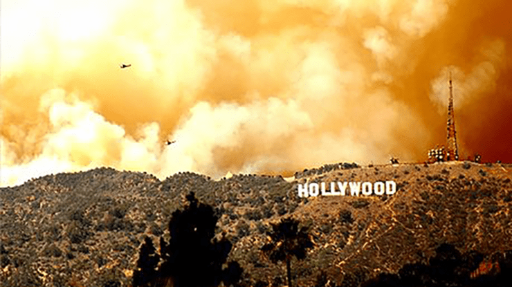 Hollywood sign with fire